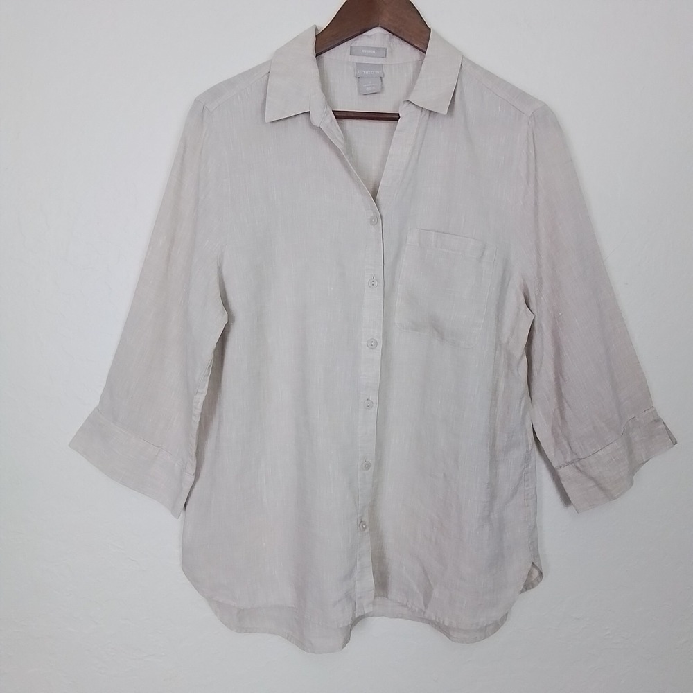 Chicos 100% Linen Blouse Size 12/14 Beige Button Up Shirt 3/4 Sleeve Pockets‎